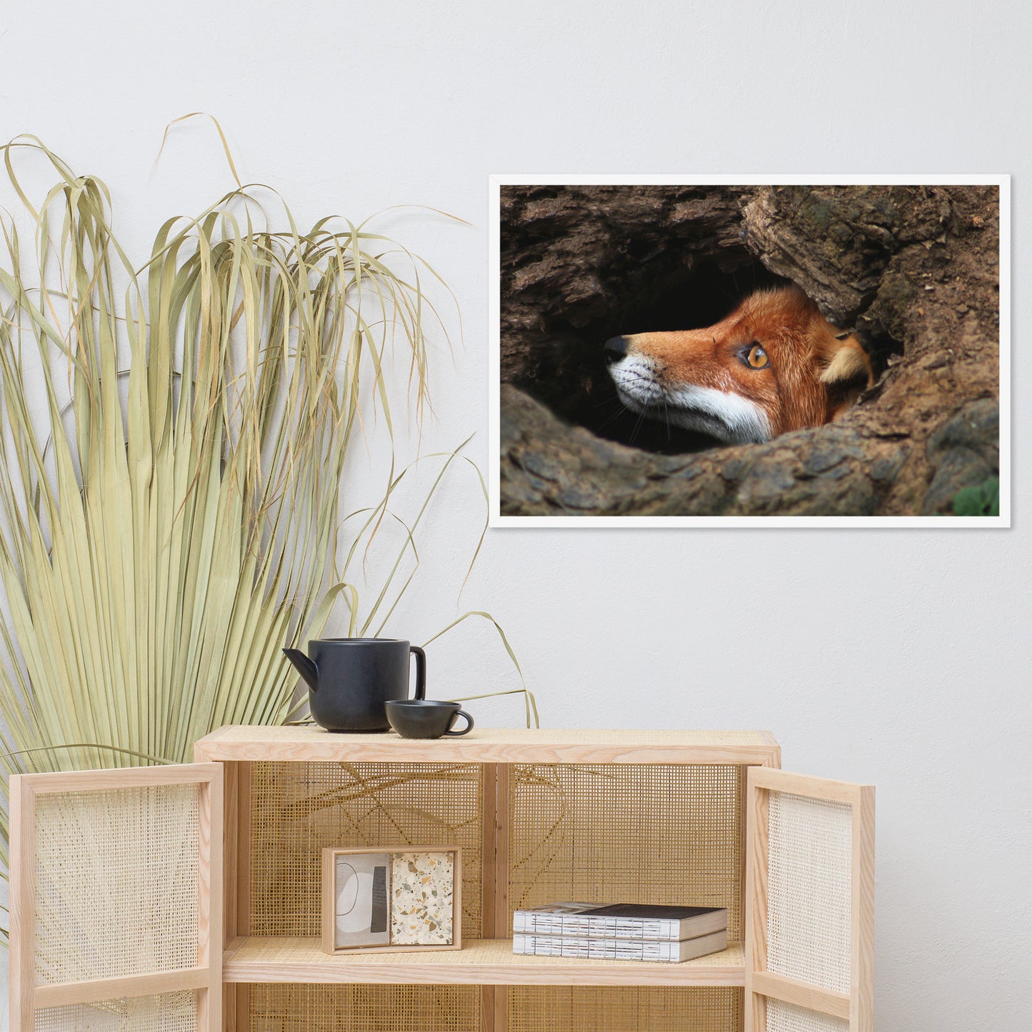 Red Fox Face in Stump Of Tree Animal Wildlife Nature Photograph Framed Wall Art Prints