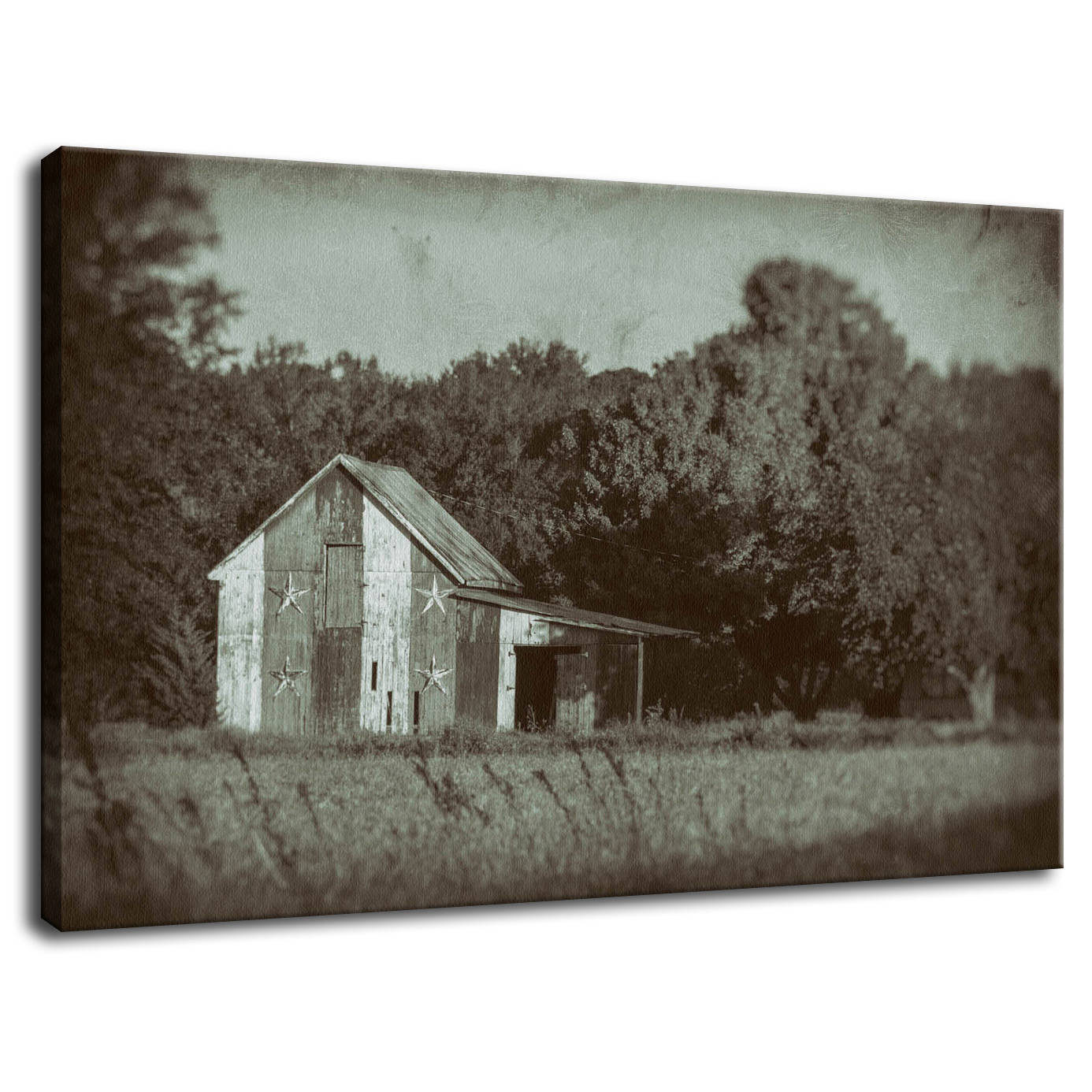 Patriotic Barn in Field Vintage Black and White Glass Plate Fine Art Canvas Wall Art Prints  - PIPAFINEART