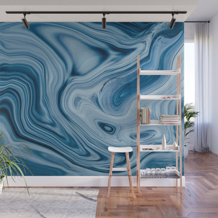 Splash Blue Swirl Digital Fluid Artwork - Peel and Stick Removable Wallpaper Full Size Wall Mural  - PIPAFINEART