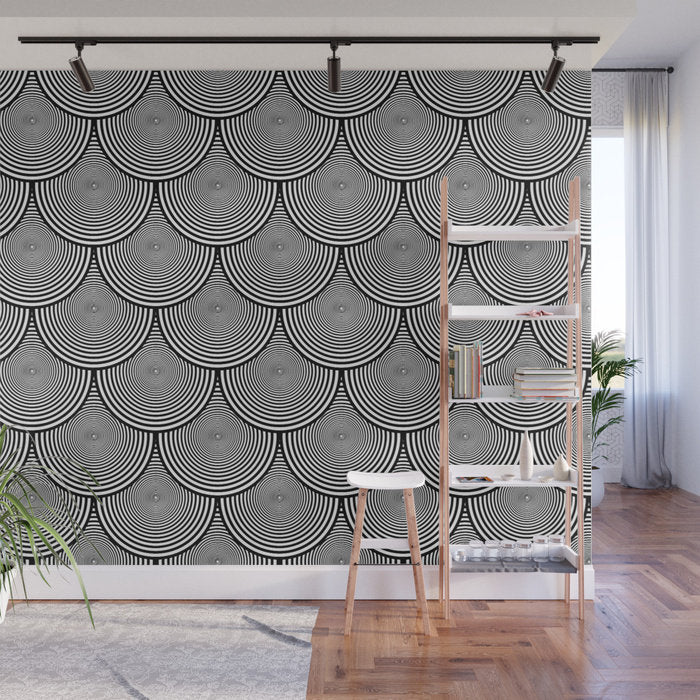 Hypnotic Black and White Circle Scales Pattern - Adhesive Wallpaper - Removable Wallpaper - Wall Sticker - Full Size Wall Mural  - PIPAFINEART