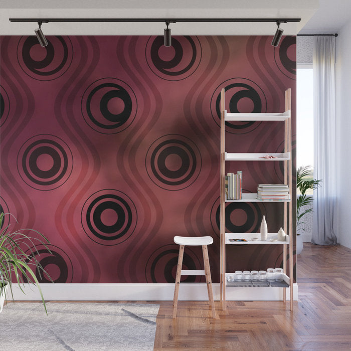 Bold Circle Rings Wavy Lines on Abstract Blurred Red Patch - Adhesive Wallpaper - Removable Wallpaper - Wall Sticker - Full Size Wall Mural  - PIPAFINEART