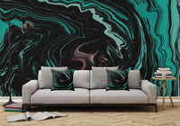 Pink, Teal, and Black Abstract Art Digital Fluid Artwork - Adhesive Wallpaper - Removable Wallpaper - Wall Sticker - Full Size Wall Mural  - PIPAFINEART