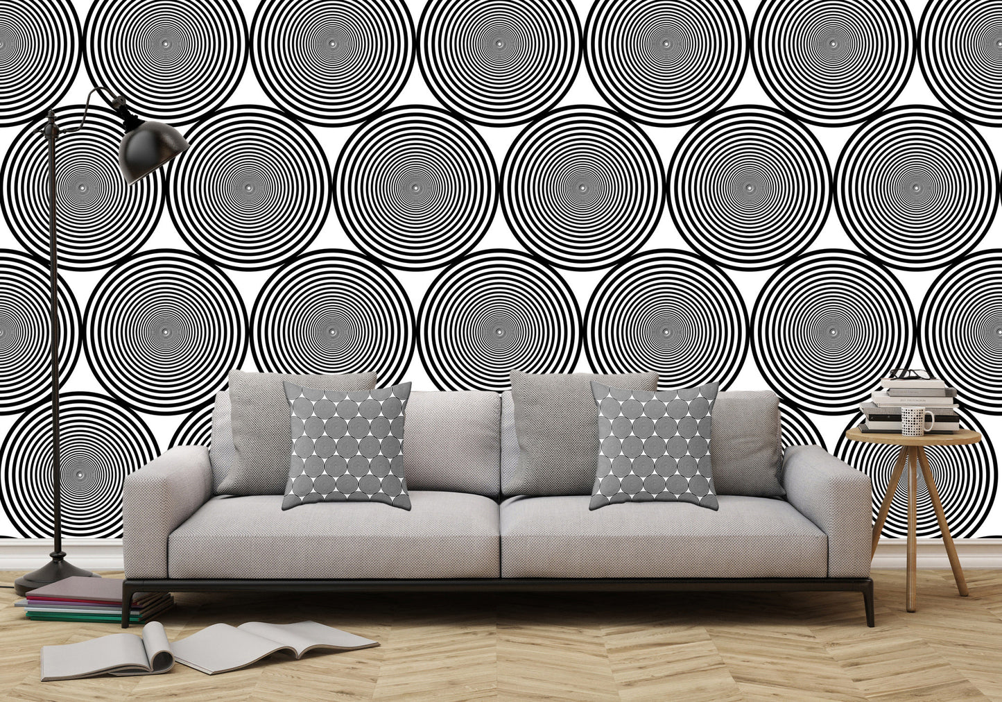 Hypnotic Black and White Circle Pattern - Adhesive Wallpaper - Removable Wallpaper - Wall Sticker - Full Size Wall Mural  - PIPAFINEART