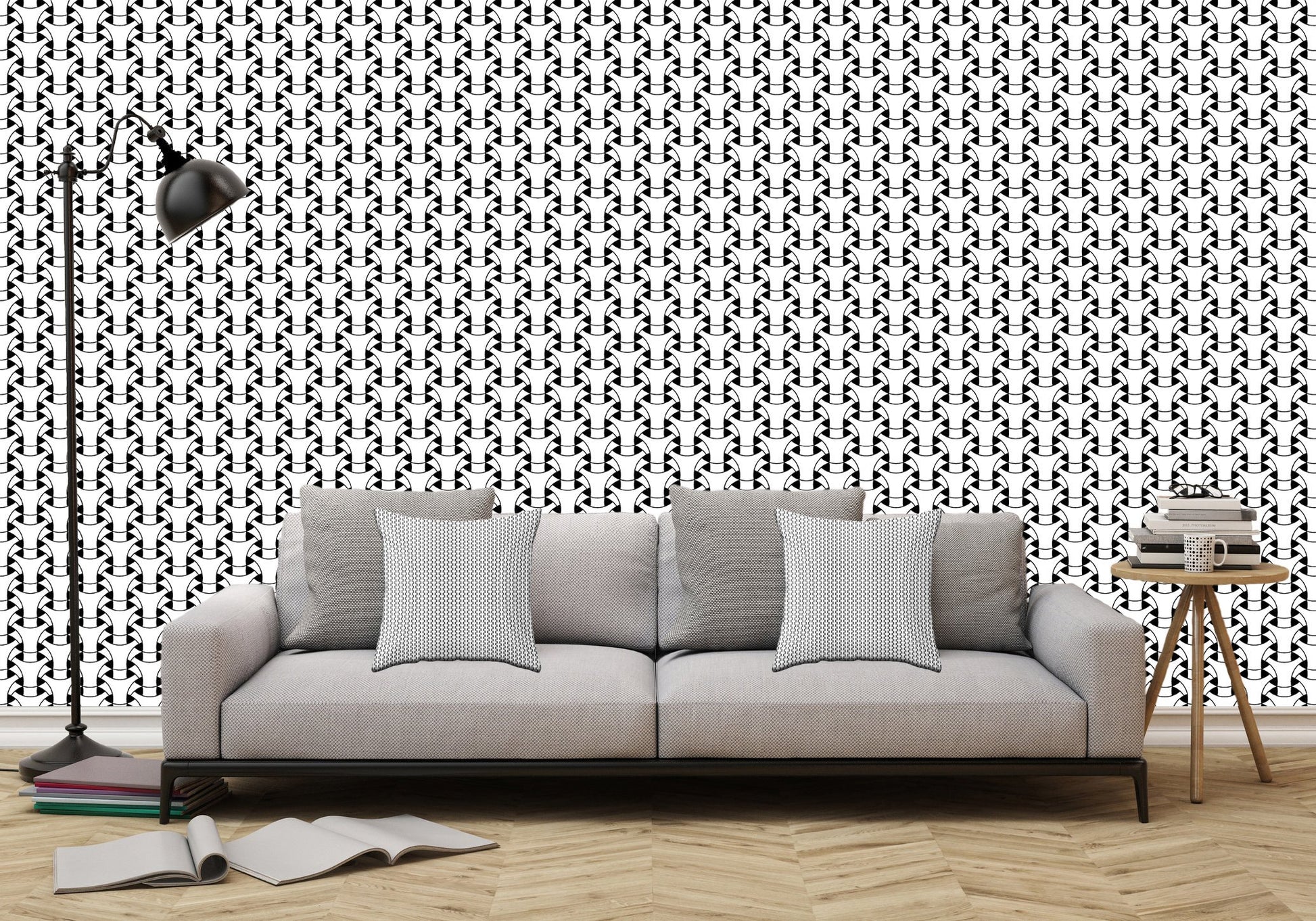 Black and White Basket Weave Circles Shapes 2 - Adhesive Wallpaper - Removable Wallpaper - Wall Sticker - Full Size Wall Mural  - PIPAFINEART