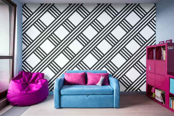 Diagonal Black and White Stripes Grid Illustration - Adhesive Wallpaper - Removable Wallpaper - Wall Sticker - Full Size Wall Mural  - PIPAFINEART