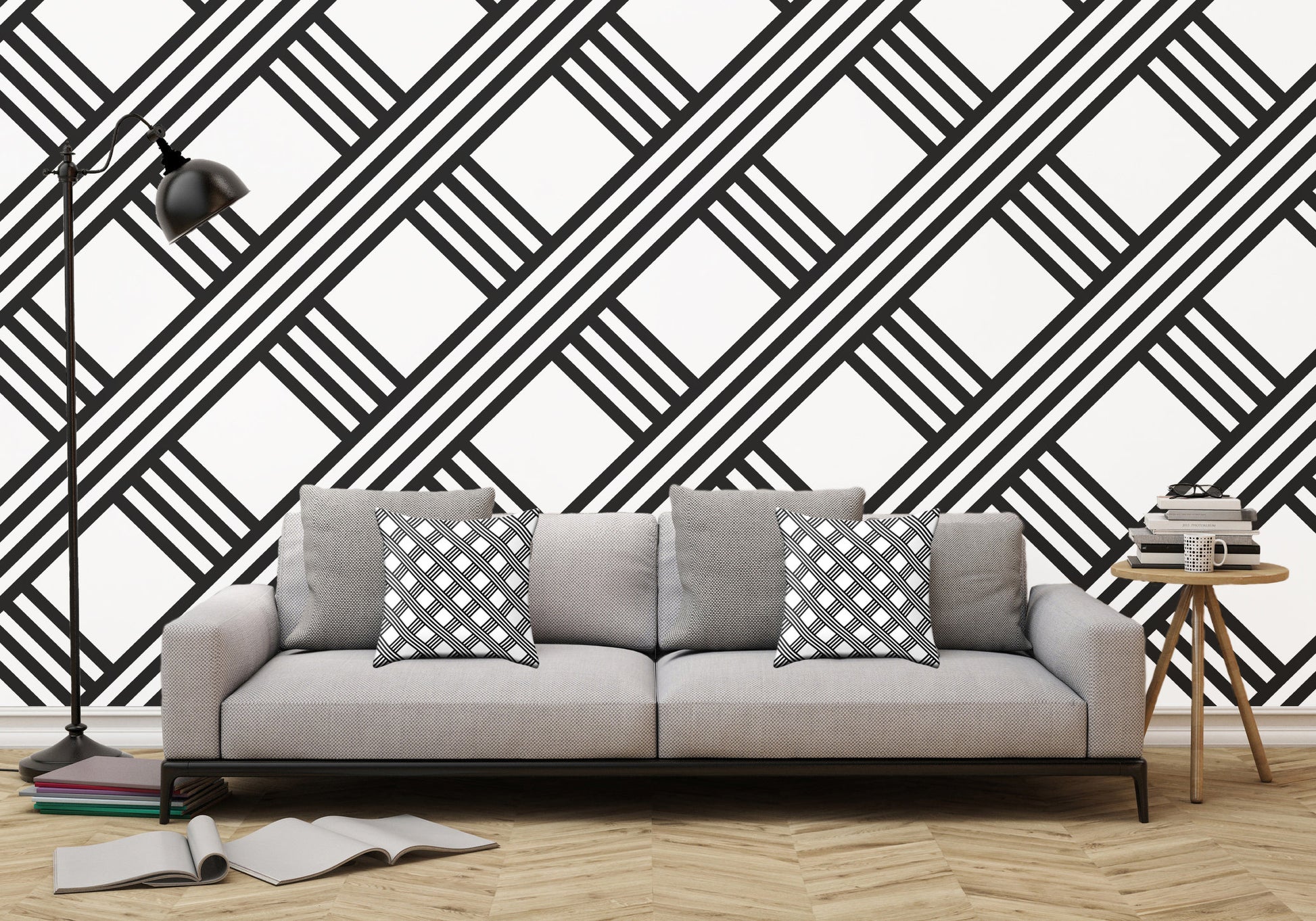 Diagonal Black and White Stripes Grid Illustration - Adhesive Wallpaper - Removable Wallpaper - Wall Sticker - Full Size Wall Mural  - PIPAFINEART