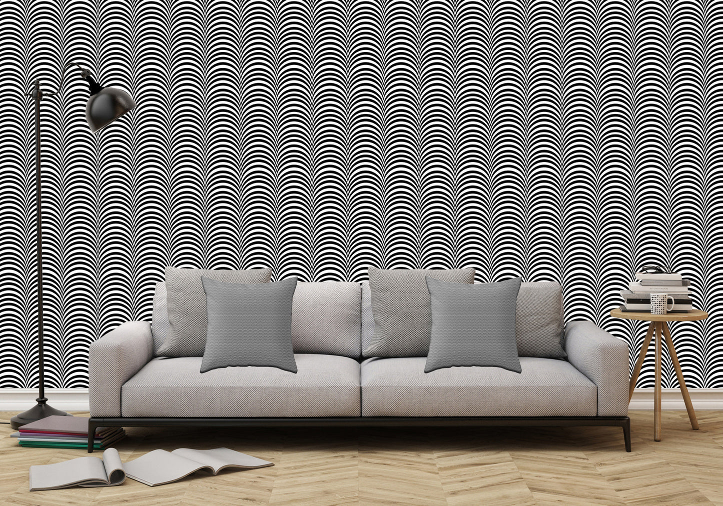 Black and White Scallop Illustration - Adhesive Wallpaper - Removable Wallpaper - Wall Sticker - Full Size Wall Mural  - PIPAFINEART