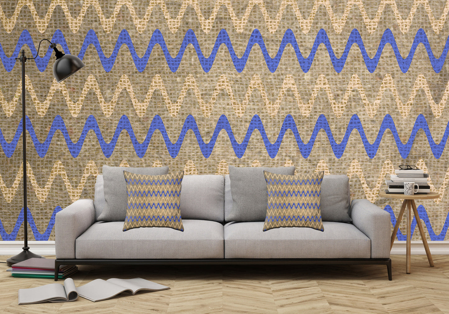 Blue and Tan Zigzag Stripes on Grungy Brown Burlap - Adhesive Wallpaper - Removable Wallpaper - Wall Sticker - Full Size Wall Mural  - PIPAFINEART