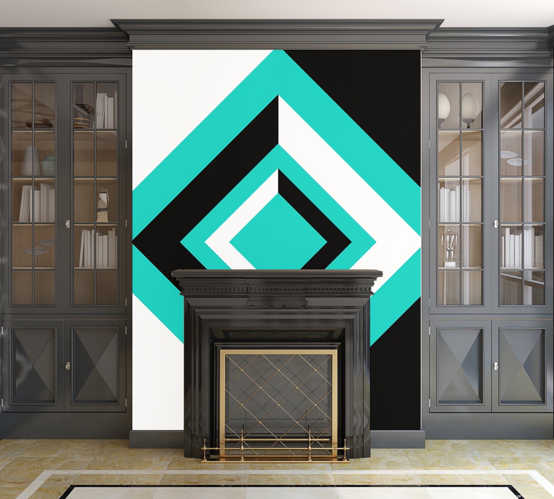 Teal, Black, and White Geometric Shapes - Peel and Stick Removable Wallpaper Full Size Wall Mural  - PIPAFINEART