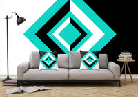 Teal, Black, and White Geometric Shapes - Peel and Stick Removable Wallpaper Full Size Wall Mural  - PIPAFINEART