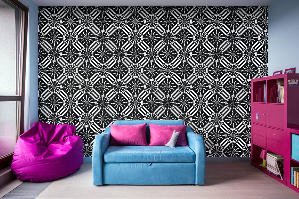 Wavy Black and White Pinwheel and Stripes Illustration - Peel and Stick Removable Wallpaper Full Size Wall Mural  - PIPAFINEART