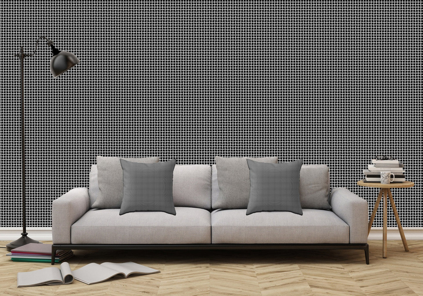 White and Gray Basket Weave Lines on Black - Adhesive Wallpaper - Removable Wallpaper - Wall Sticker - Full Size Wall Mural  - PIPAFINEART