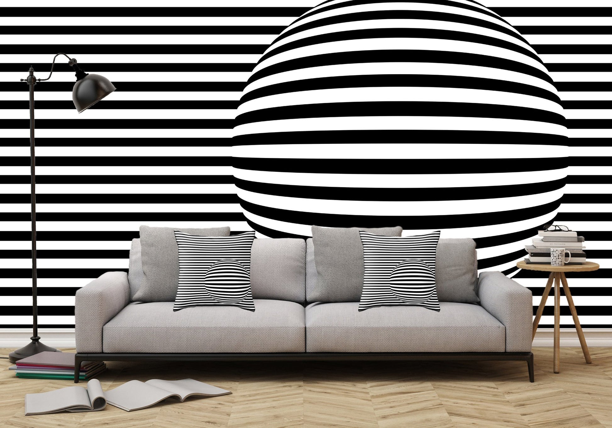 Removable Wall Mural Black and White Stripes and Sphere - Adhesive Wallpaper - Removable Wallpaper - Wall Sticker - Full Size Wall Mural  - PIPAFINEART