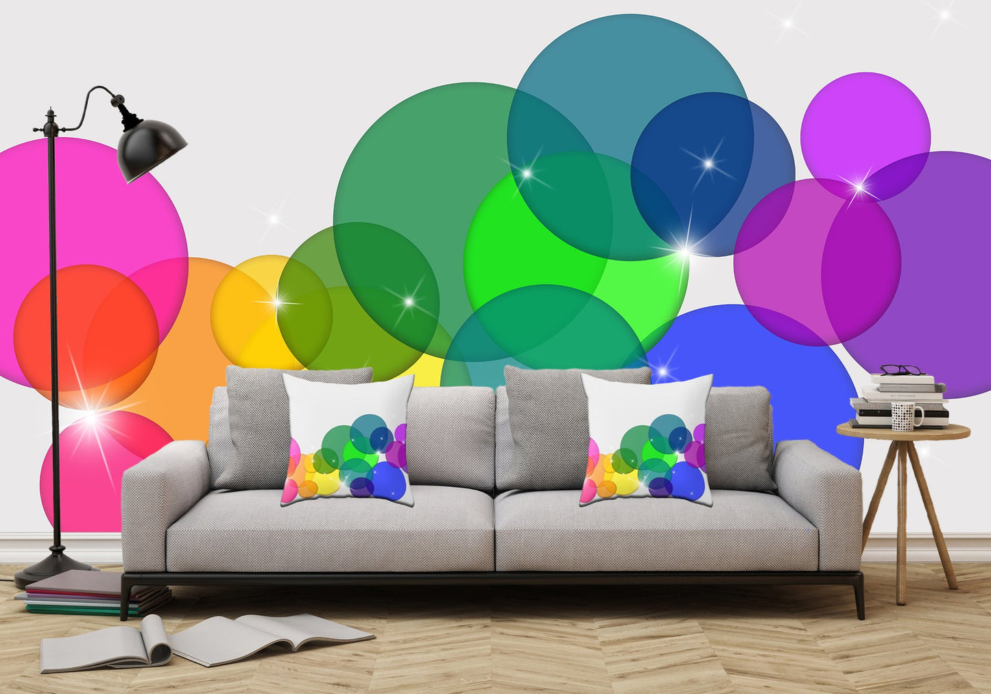 Translucent Rainbow Colored Circles Illustration - Adhesive Wallpaper - Removable Wallpaper - Wall Sticker - Full Size Wall Mural  - PIPAFINEART