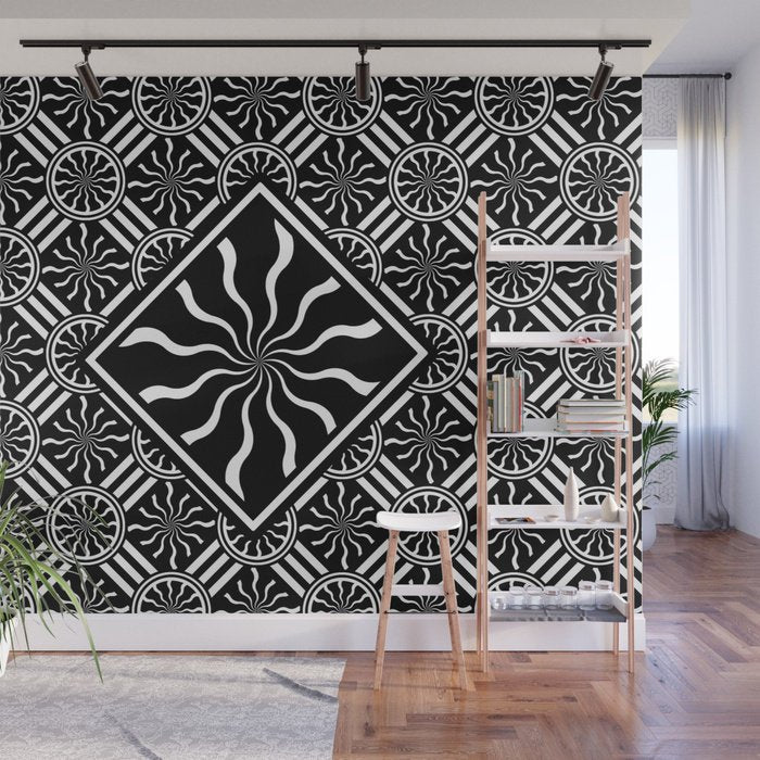Wavy Black and White Diamond Pinwheels and Stripes 2 - Peel and Stick Removable Wallpaper Full Size Wall Mural  - PIPAFINEART
