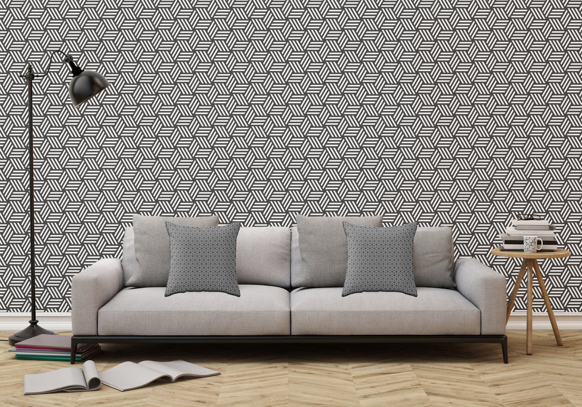 Isometric Weaved Cubes in Black and White - Adhesive Wallpaper - Removable Wallpaper - Wall Sticker - Full Size Wall Mural  - PIPAFINEART