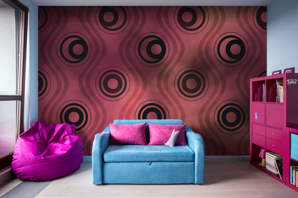 Bold Circle Rings Wavy Lines on Abstract Blurred Red Patch - Adhesive Wallpaper - Removable Wallpaper - Wall Sticker - Full Size Wall Mural  - PIPAFINEART