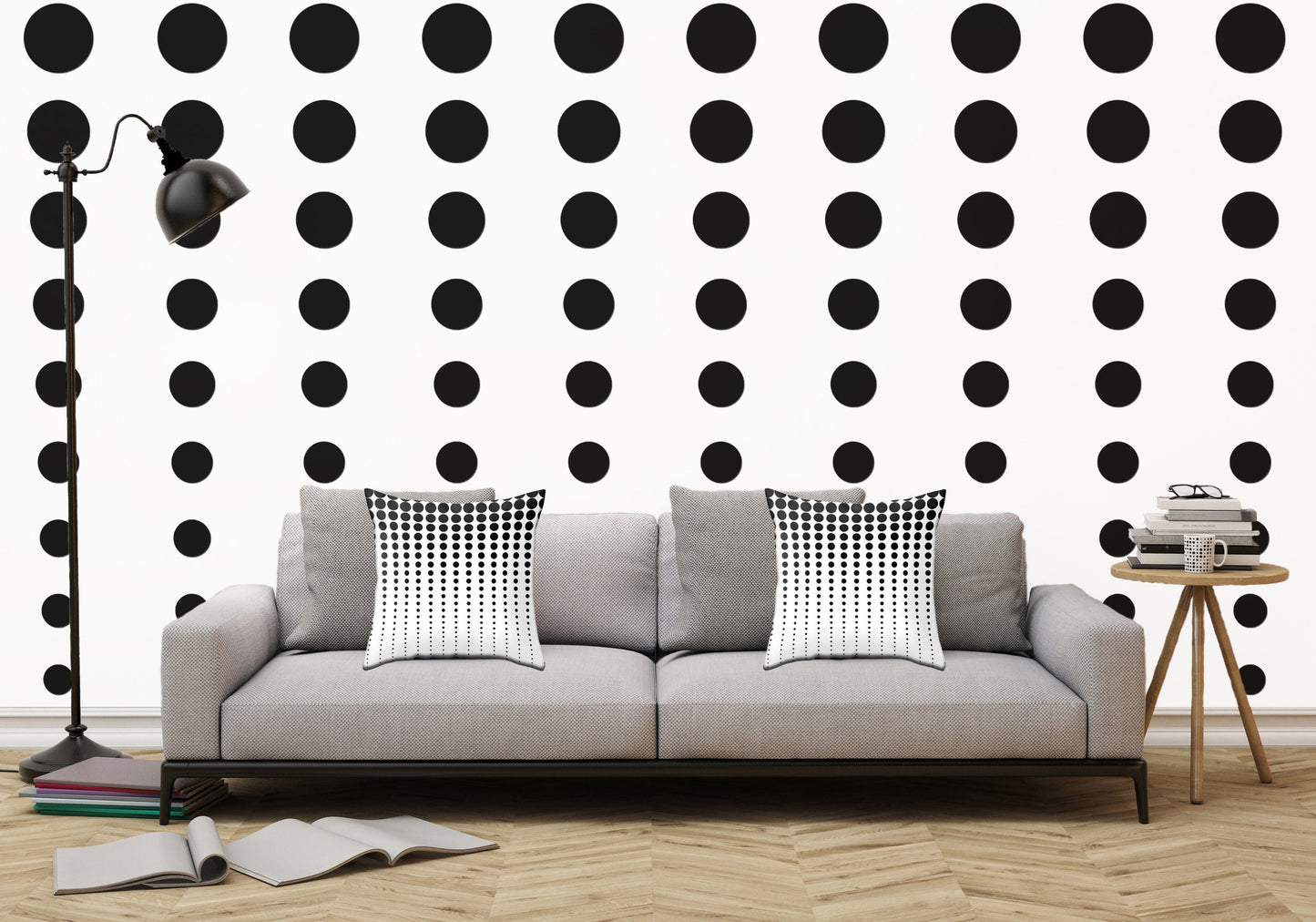 Reduced Black Dots on Solid White Illustration - Peel and Stick Removable Wallpaper Full Size Wall Mural  - PIPAFINEART
