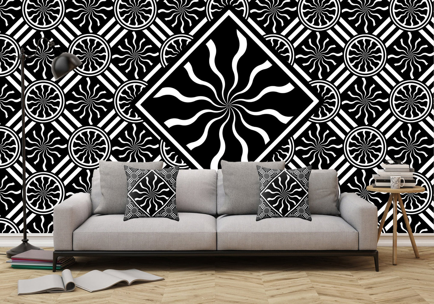 Wavy Black and White Diamond Pinwheels and Stripes 2 - Peel and Stick Removable Wallpaper Full Size Wall Mural  - PIPAFINEART