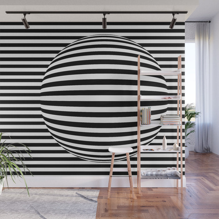 Removable Wall Mural Black and White Stripes and Sphere - Adhesive Wallpaper - Removable Wallpaper - Wall Sticker - Full Size Wall Mural  - PIPAFINEART