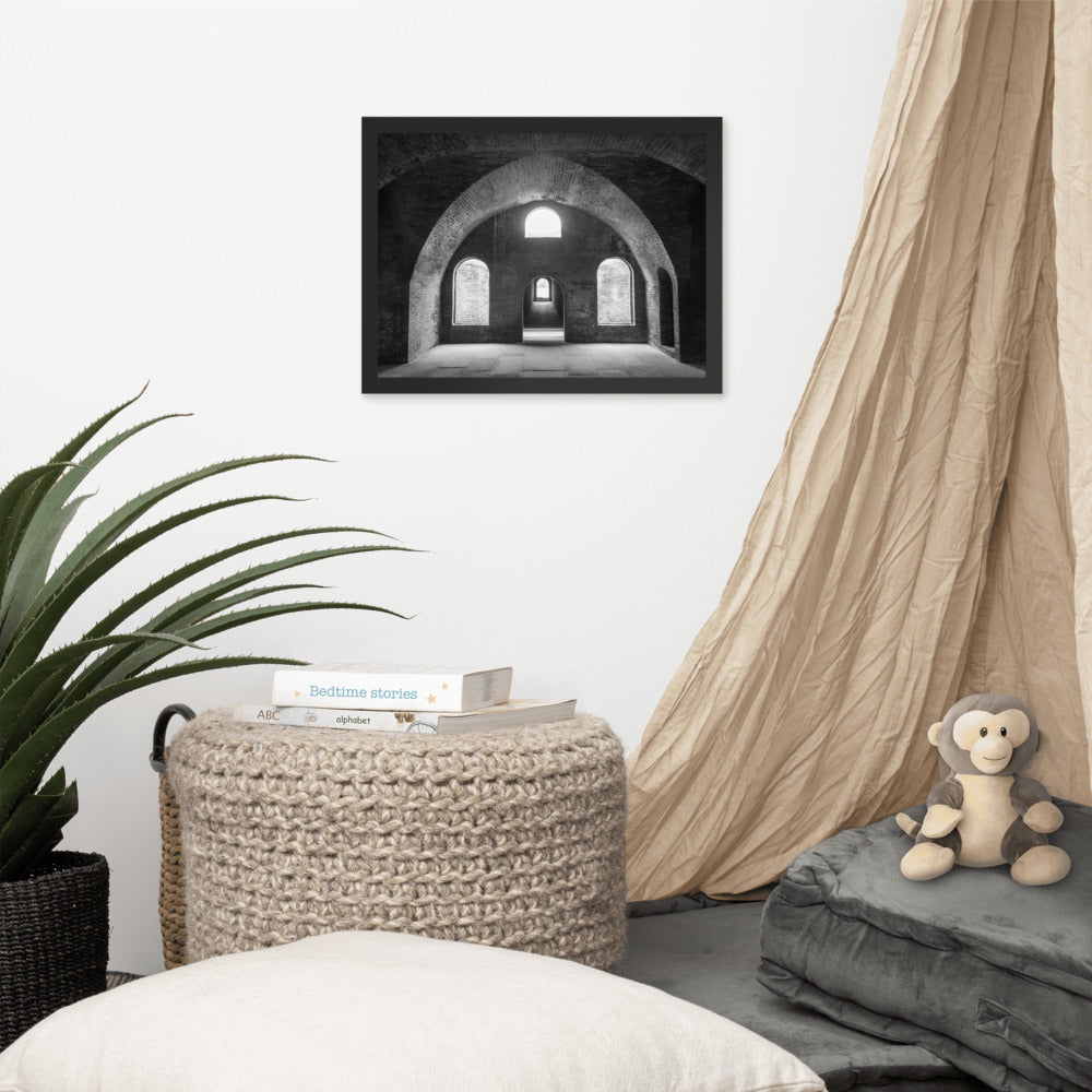 Industrial Wall Art Decor: Fort Clinch Bunker Room Black and White 2 Architecture Photo Framed Wall Art Print
