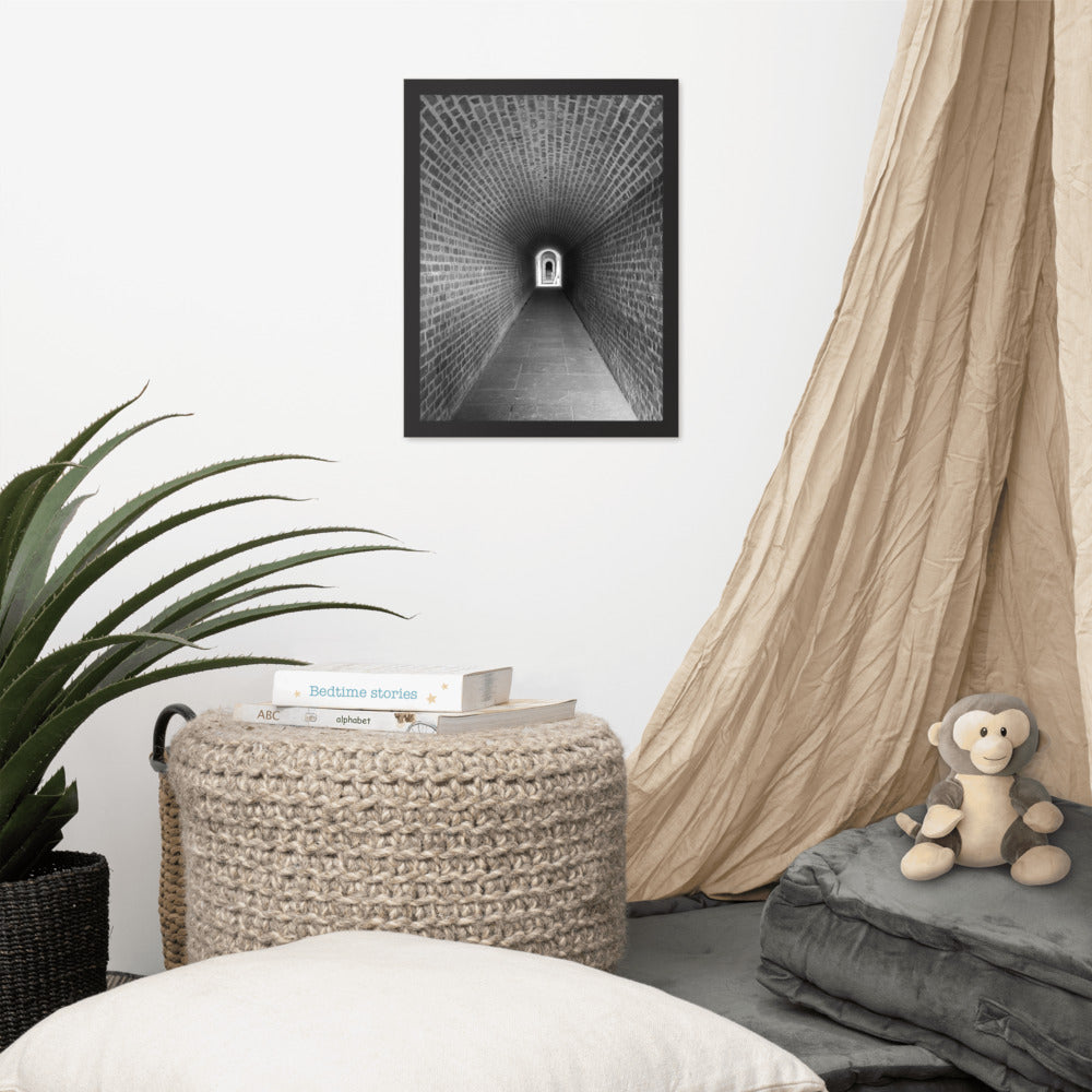 Industrial Modern Artwork: Fort Clinch Tunnel Black and White Photo Framed Wall Art Print