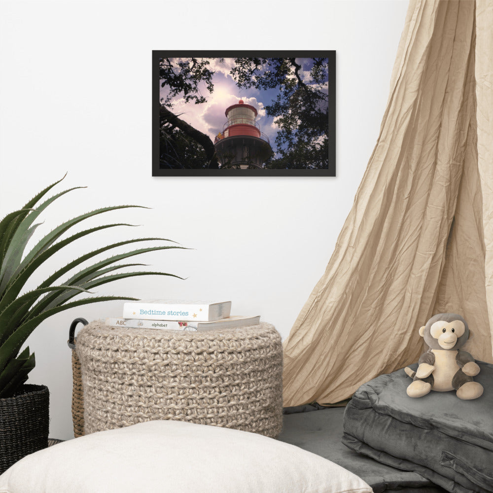 Coastal Wall Art For Living Room: Saint Augustine Lighthouse and Tree Branches Urban Building Photograph Framed Wall Art Prints