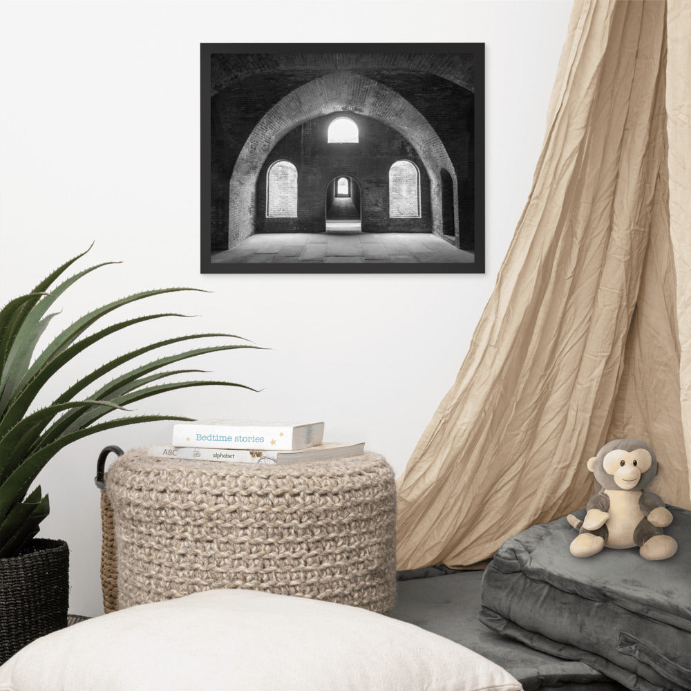 Industrial Style Wall Decor: Fort Clinch Bunker Room Black and White 2 Architecture Photo Framed Wall Art Print