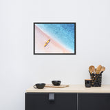 Yellow Canoe and Blue Sea with Violet Glow Effect Framed Wall Art Prints