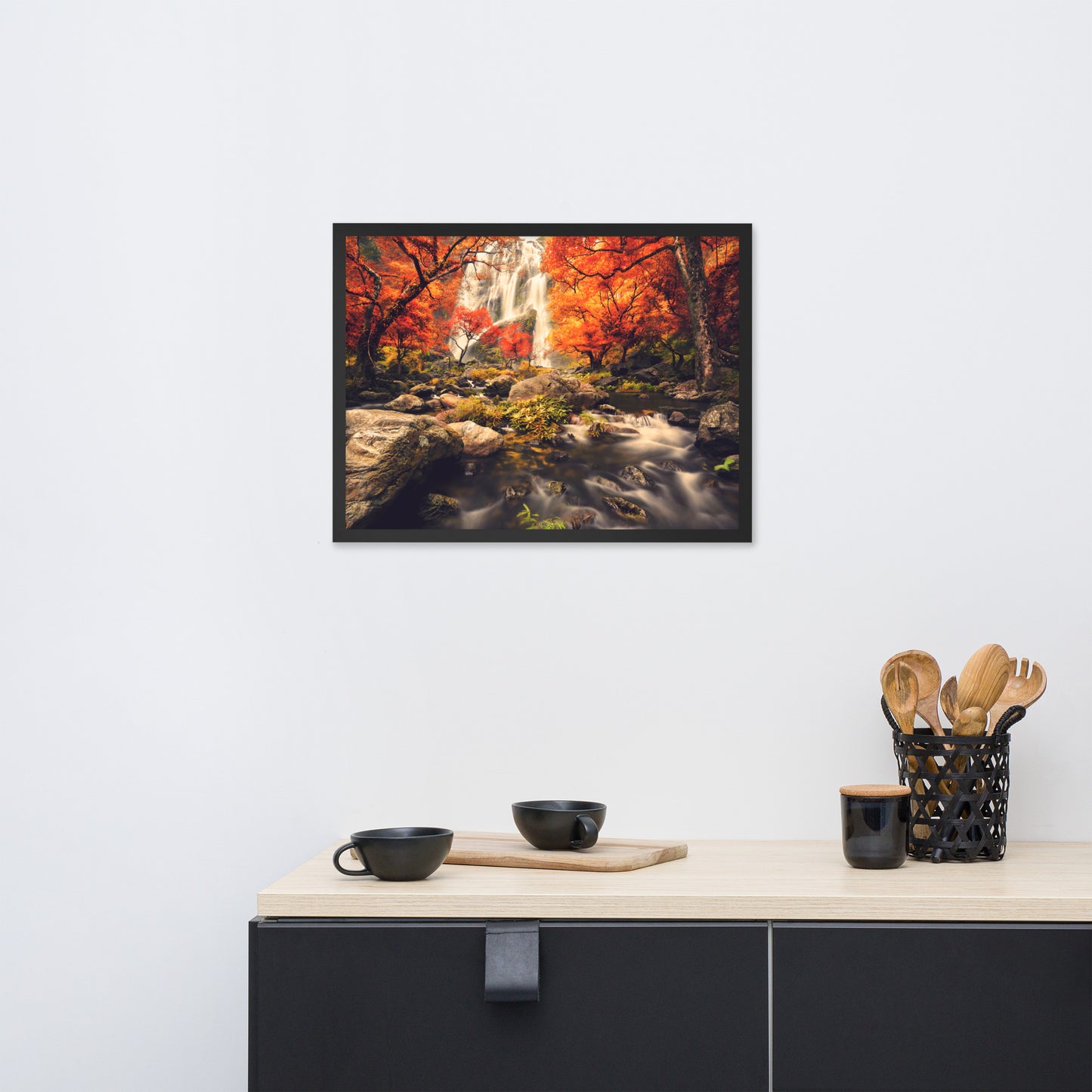 Waterfall in the Autumn with Golden Shadow Effect Framed Wall Art Prints