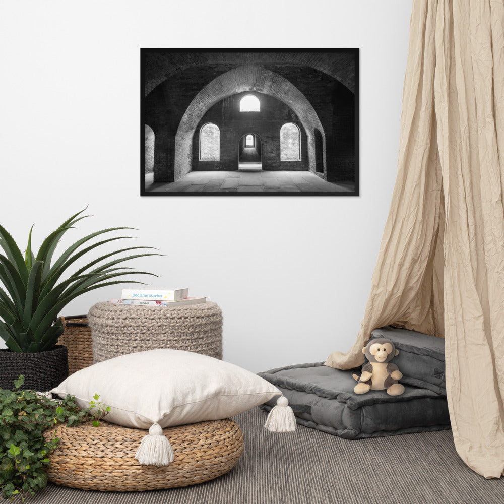 Large Industrial Wall Art: Fort Clinch Bunker Room Black and White 2 Architecture Photo Framed Wall Art Print