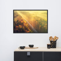 Sunrise Railroad Though Misty Forest With Golden Haze Effect Framed Wall Art Print