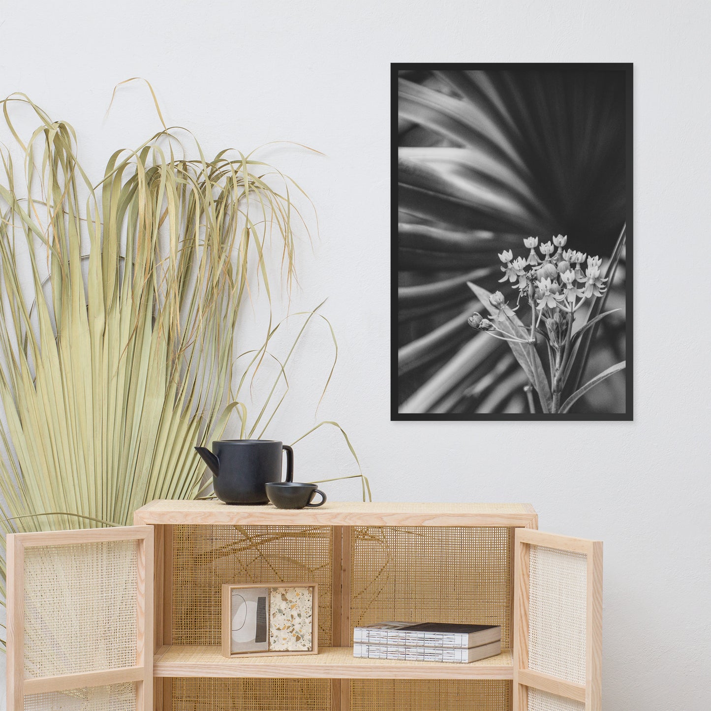 Bloodflowers and Palm Black and White Framed Wall Art Print
