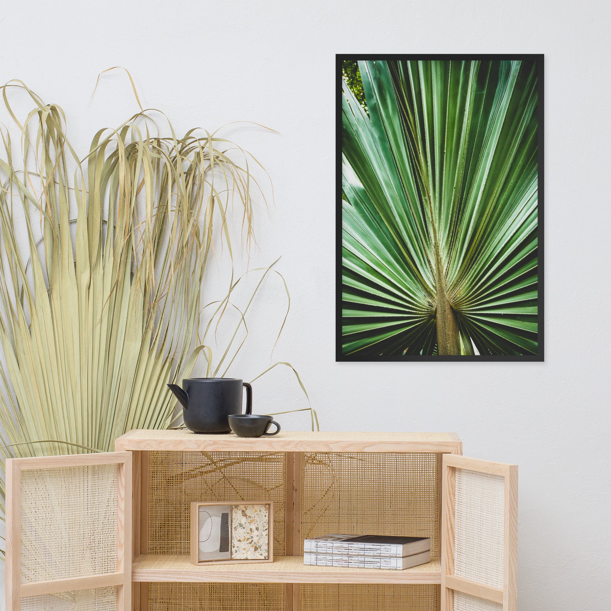 Wall Decor Behind Dining Table: Aged and Colorized Wide Palm Leaves 2 Tropical Botanical / Nature Photo Framed Wall Art Print - Artwork - Wall Decor