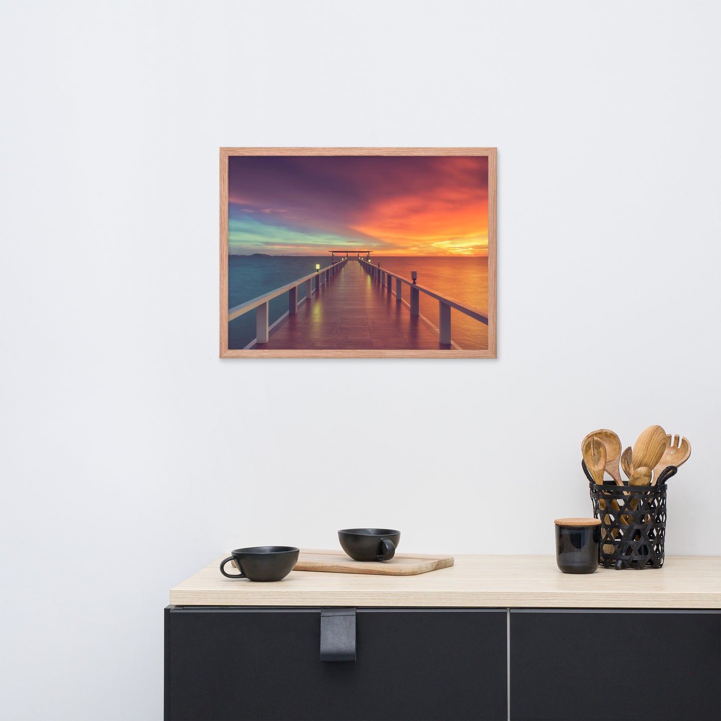 Coastal Framed Prints: Surreal Wooden Pier At Sunset with Intrigued Effect - Coastal / Seascape / Nature / Landscape Photo Framed Artwork - Wall Decor