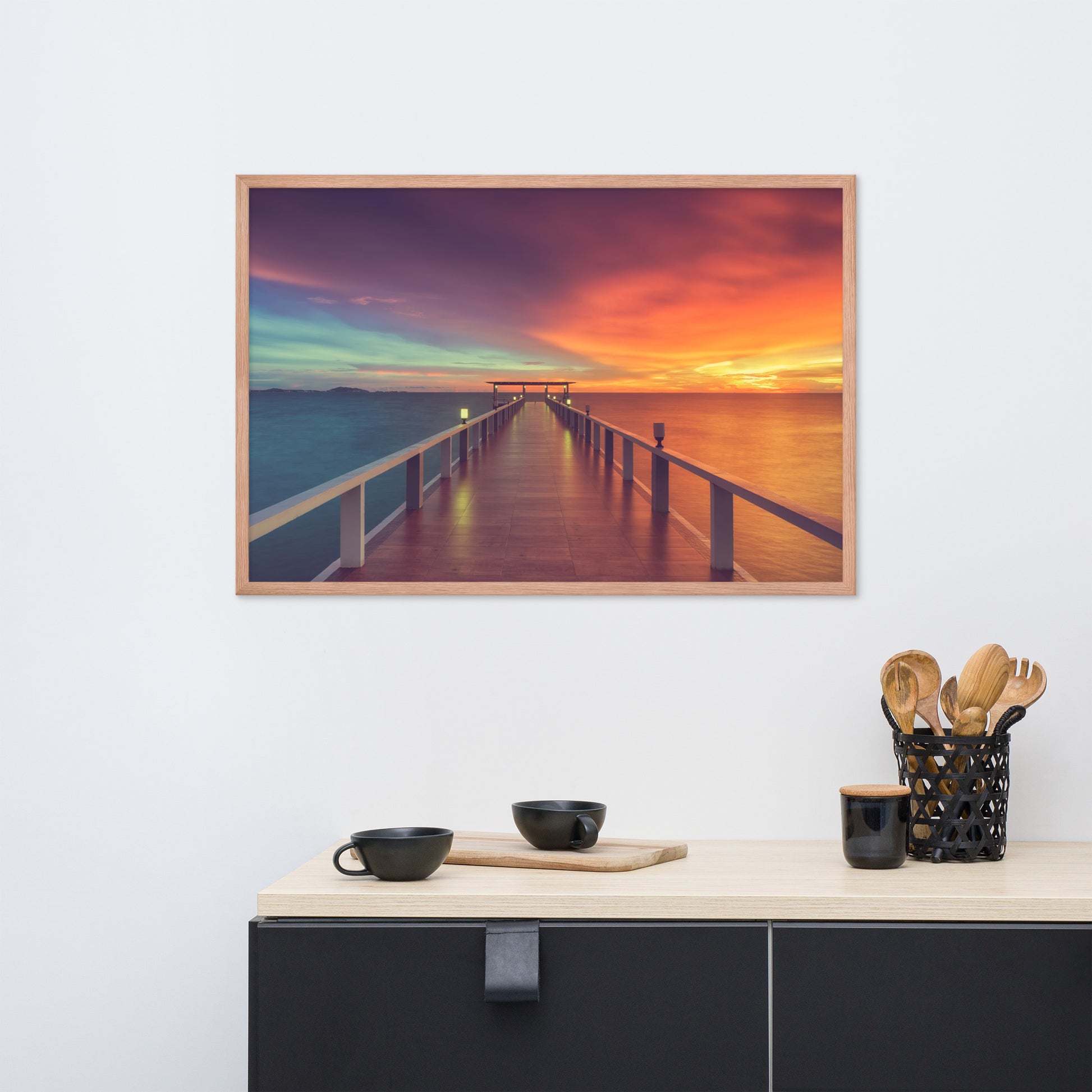 Coastal Pictures Framed: Surreal Wooden Pier At Sunset with Intrigued Effect - Coastal / Seascape / Nature / Landscape Photo Framed Artwork - Wall Decor
