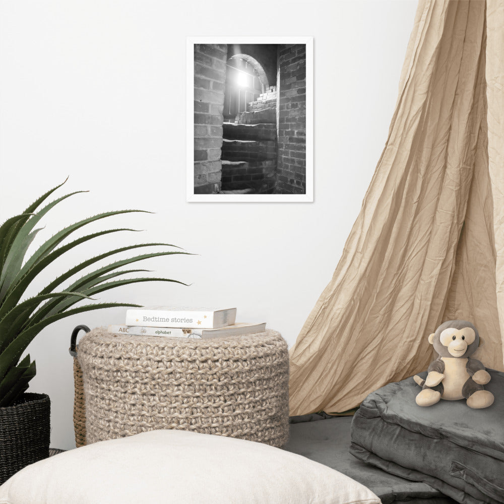 Urban Wall Hanging: Fort Clinch Stairway Black and White Photo Framed Wall Art Print