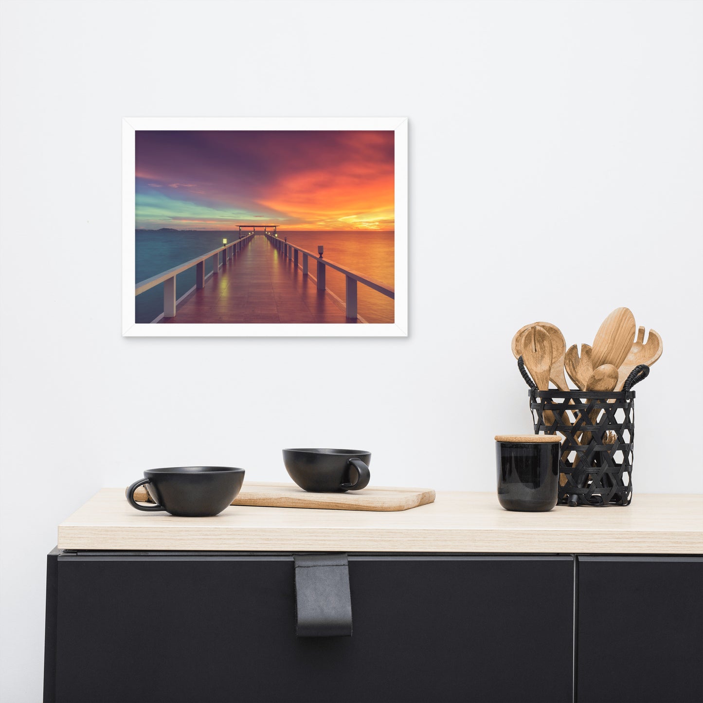 Framed Beach Art: Surreal Wooden Pier At Sunset with Intrigued Effect - Coastal / Seascape / Nature / Landscape Photo Framed Artwork - Wall Decor