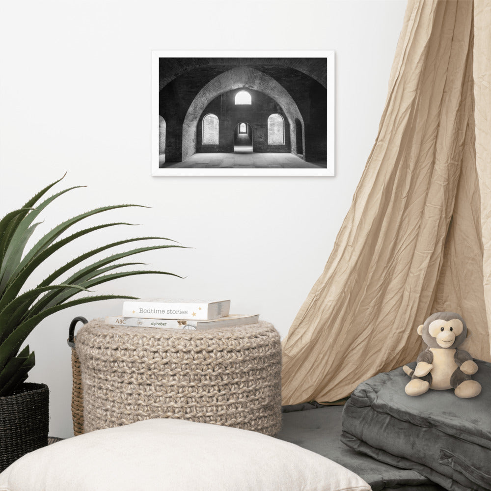 Industrial Bathroom Wall Art: Fort Clinch Bunker Room Black and White 2 Architecture Photo Framed Wall Art Print