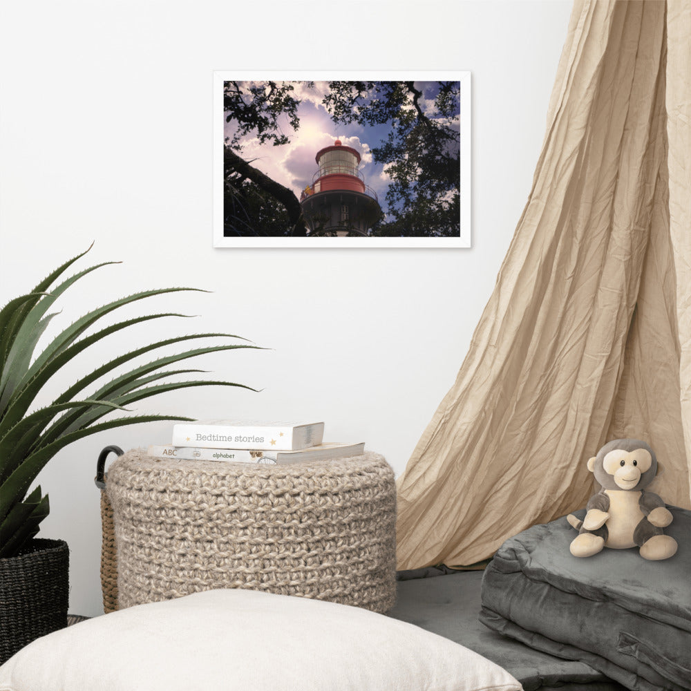 Coastal Cottage Wall Art: Saint Augustine Lighthouse and Tree Branches Urban Building Photograph Framed Wall Art Prints