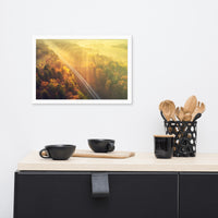 Sunrise Railroad Though Misty Forest With Golden Haze Effect Framed Wall Art Print