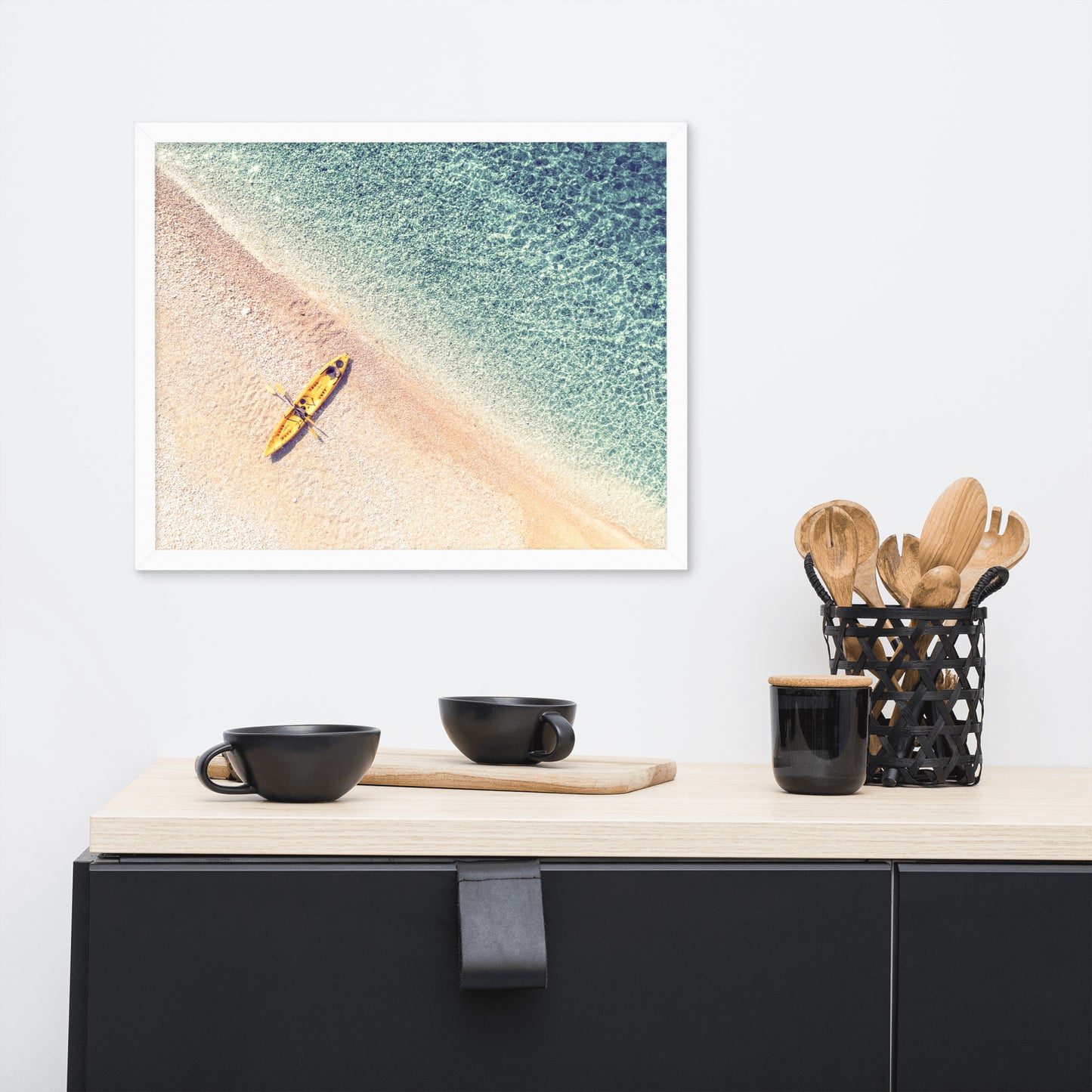 Yellow Canoe and Blue Sea by with Soft Violet Effect Framed Wall Art Prints