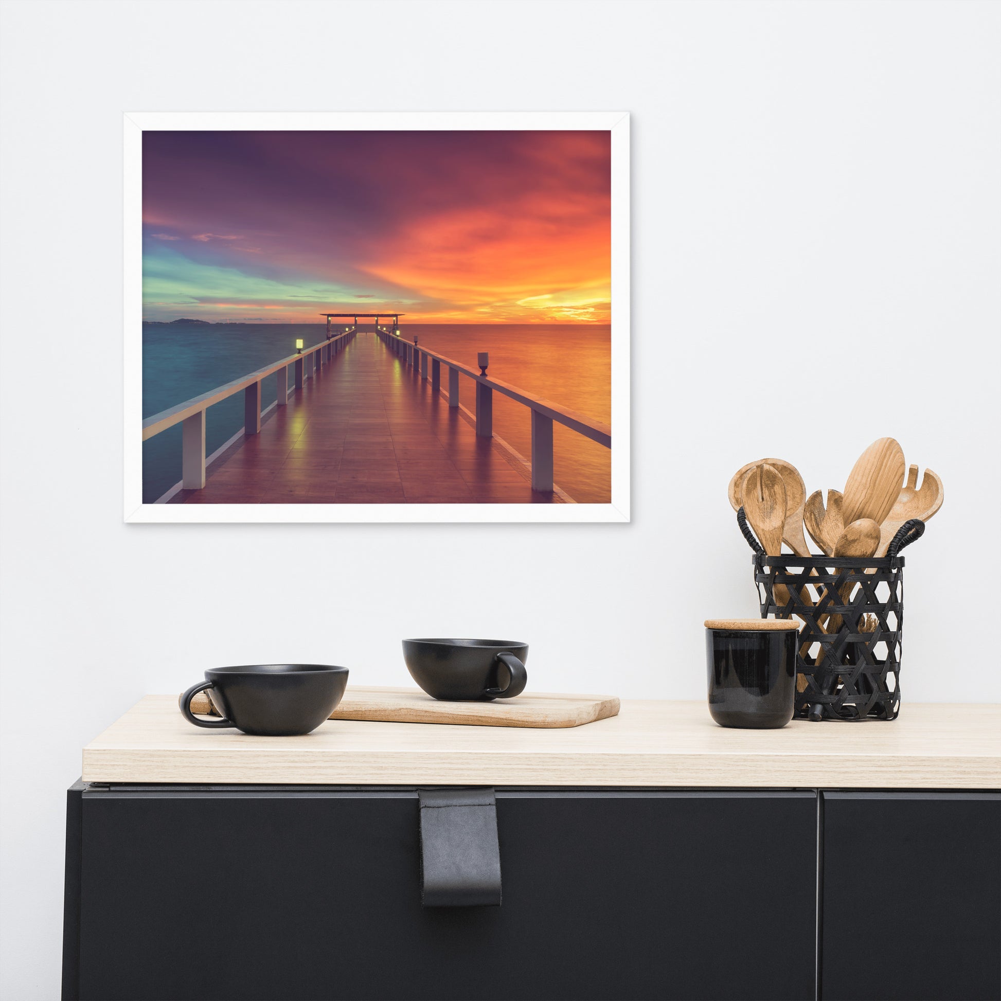 Framed Beach Photos: Surreal Wooden Pier At Sunset with Intrigued Effect - Coastal / Seascape / Nature / Landscape Photo Framed Artwork - Wall Decor