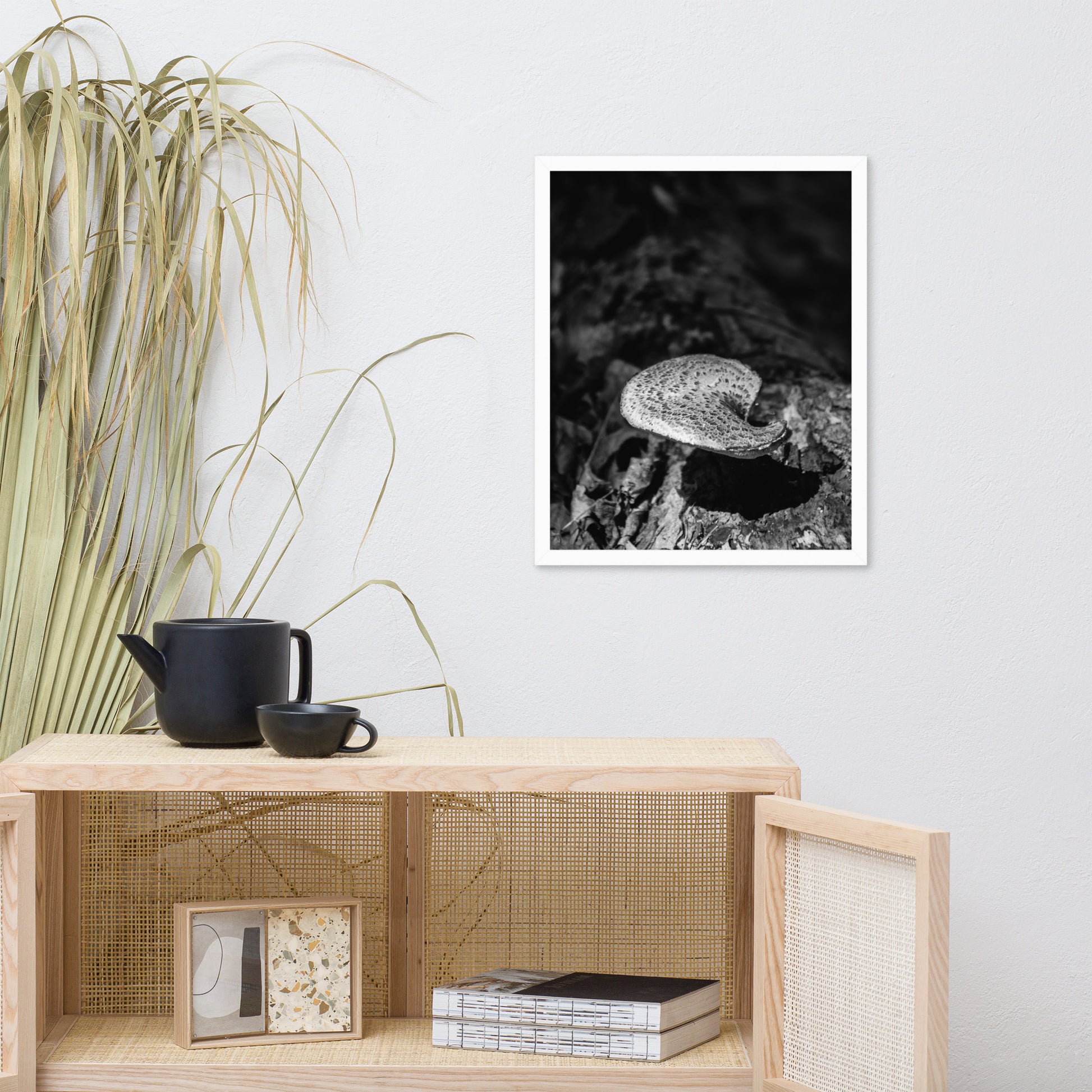Rustic Country Wall Decor: Mushroom on Log in Black and White Botanical Nature Photo Framed Wall Art Print