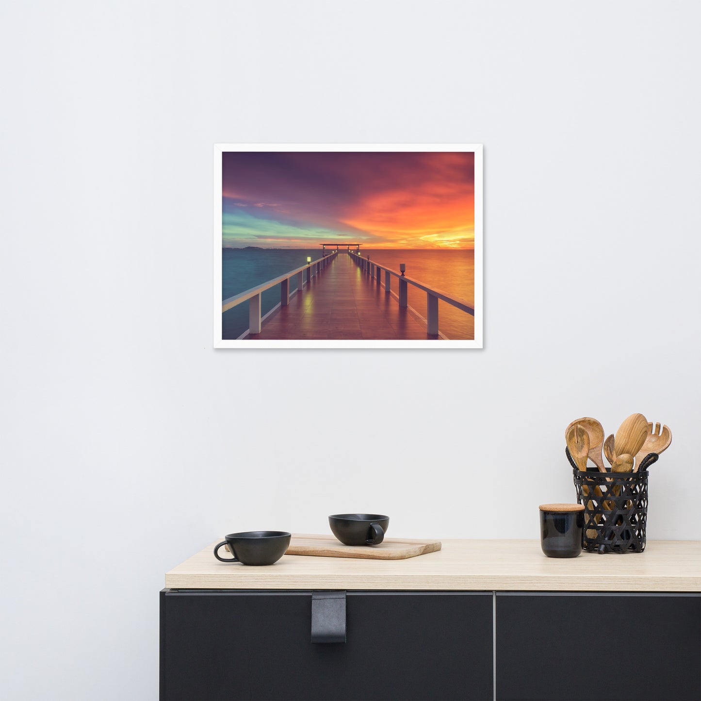 Framed Beach Pictures: Surreal Wooden Pier At Sunset with Intrigued Effect - Coastal / Seascape / Nature / Landscape Photo Framed Artwork - Wall Decor