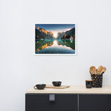 Sunrise Misty Mountain Lake Lively Color Effect Framed Wall Art Print