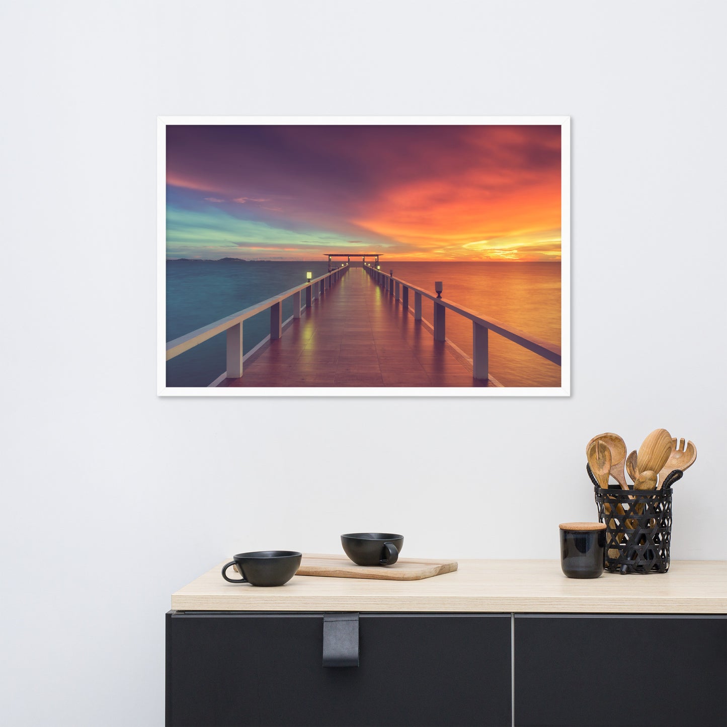 Framed Beach Wall Art: Surreal Wooden Pier At Sunset with Intrigued Effect - Coastal / Seascape / Nature / Landscape Photo Framed Artwork - Wall Decor