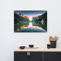 Sunrise Misty Mountain Lake Lively Color Effect Framed Wall Art Print