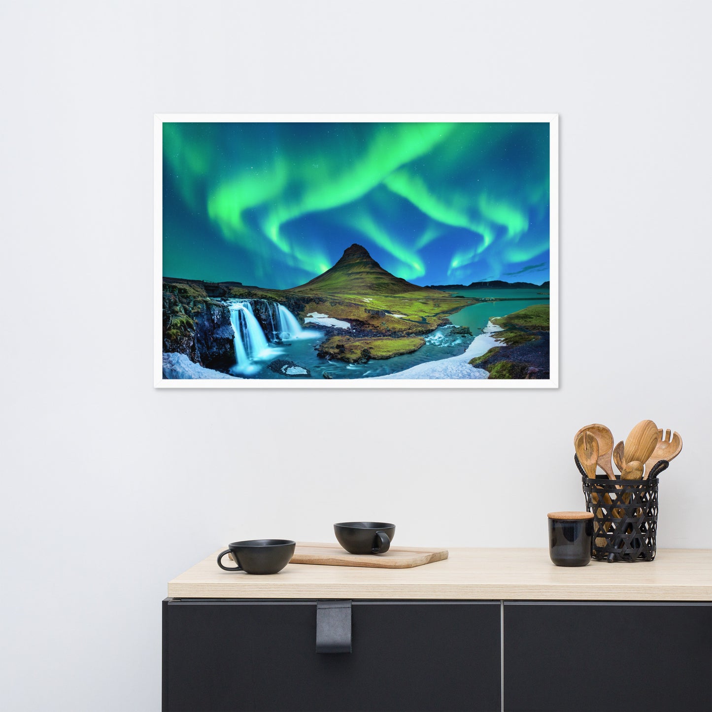 Winter Mountain Northern Lights Framed Wall Art Print