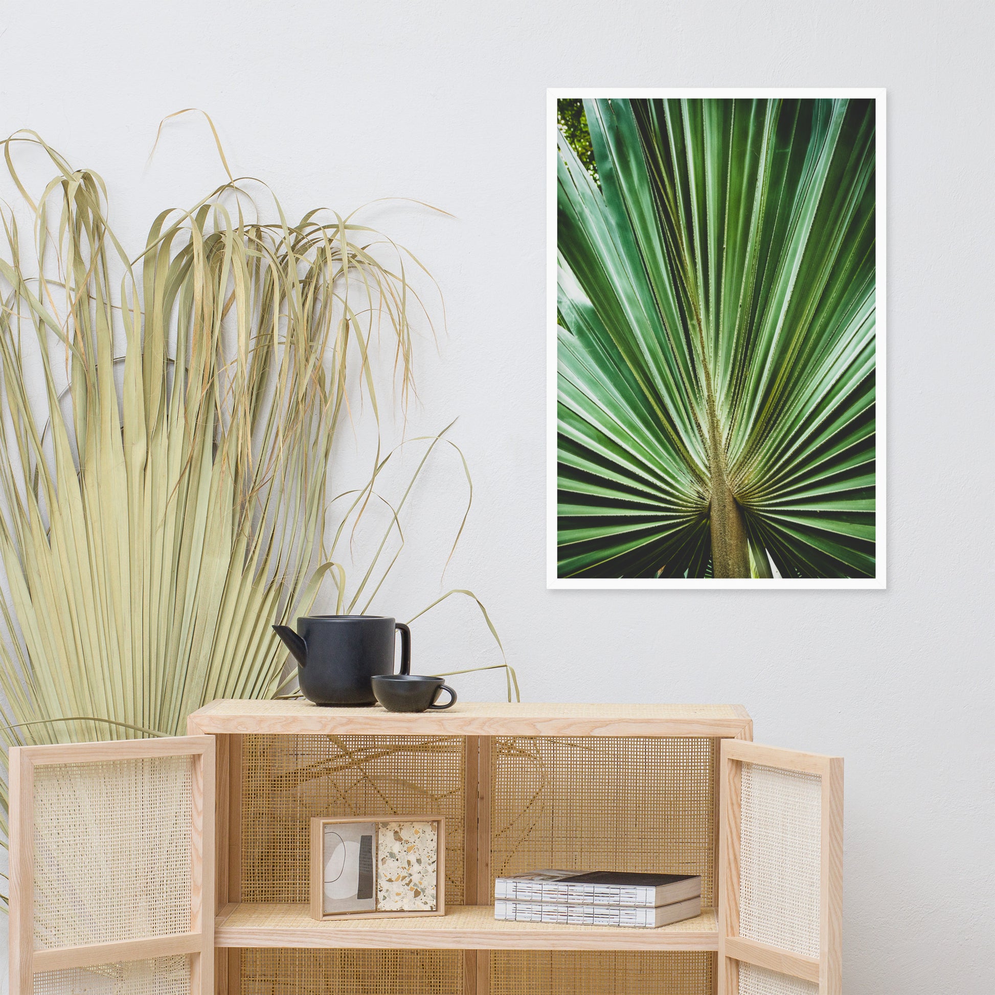 Casual Dining Room Wall Decor: Aged and Colorized Wide Palm Leaves 2 Tropical Botanical / Nature Photo Framed Wall Art Print - Artwork - Wall Decor